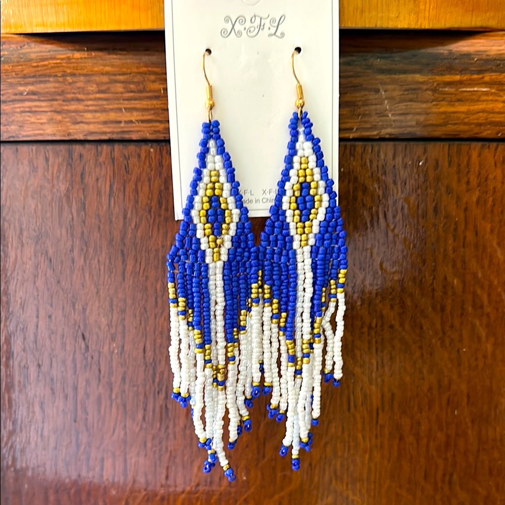 Blue and White Beaded Earrings